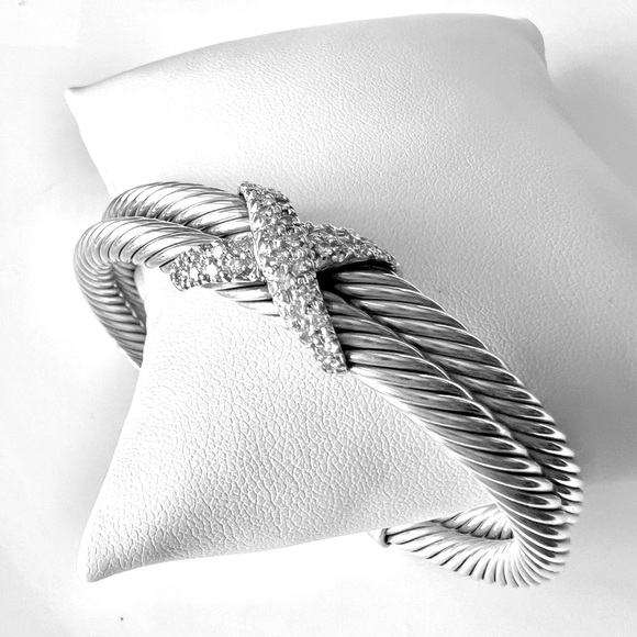 David Yurman Sterling Silver Double Row Diamond X Cable Bracelet - Picture 2 of 16